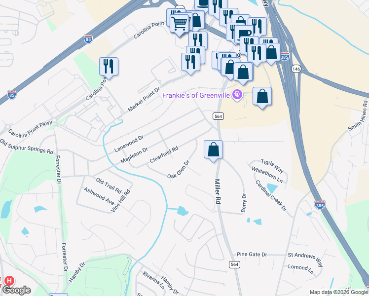 map of restaurants, bars, coffee shops, grocery stores, and more near 15 Clearfield Road in Greenville