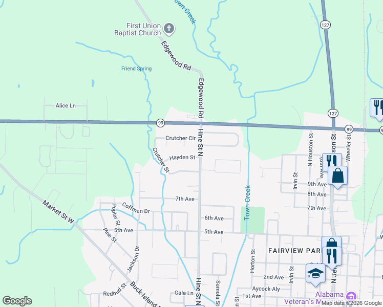 map of restaurants, bars, coffee shops, grocery stores, and more near 1407 Hine Street North in Athens