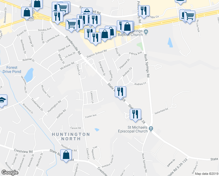 map of restaurants, bars, coffee shops, grocery stores, and more near 806 Powdersville Road in Easley
