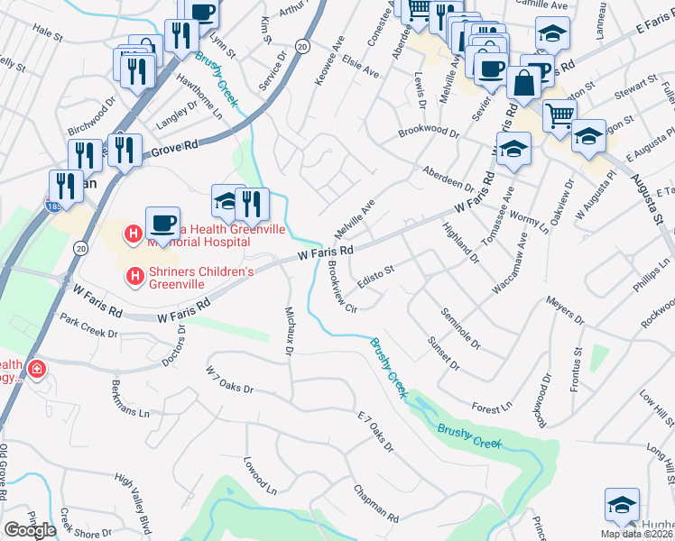 map of restaurants, bars, coffee shops, grocery stores, and more near 8 Brookview Circle in Greenville
