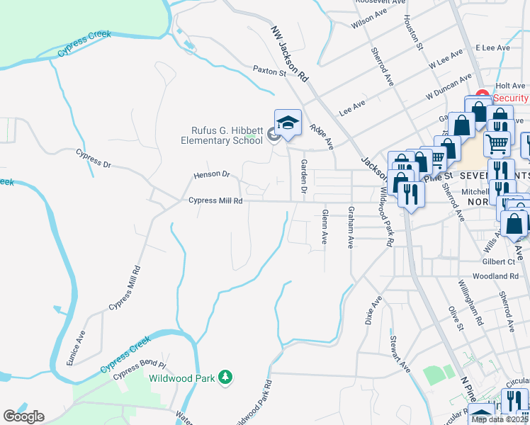 map of restaurants, bars, coffee shops, grocery stores, and more near 803 Cypress Mill Road in Florence