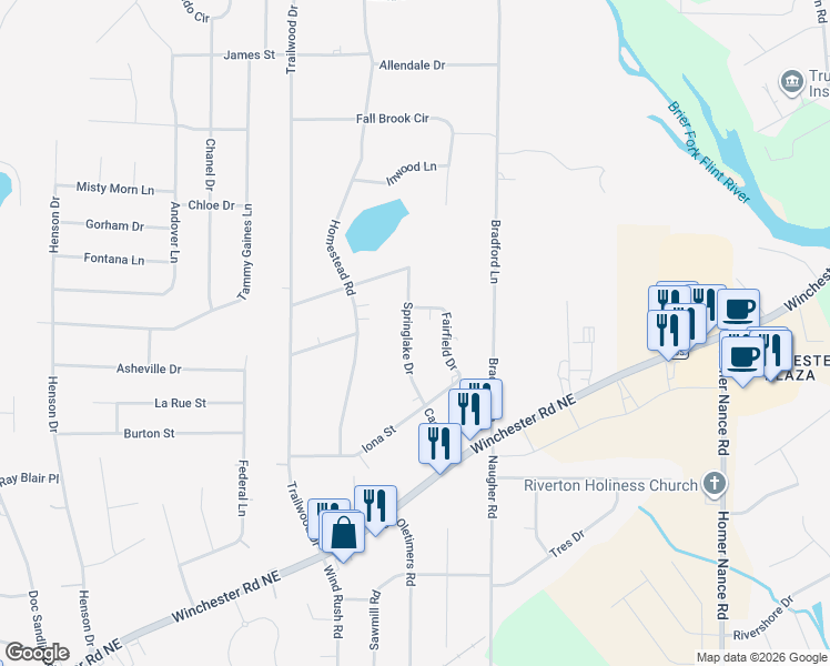 map of restaurants, bars, coffee shops, grocery stores, and more near 6106 Springlake Drive in Huntsville