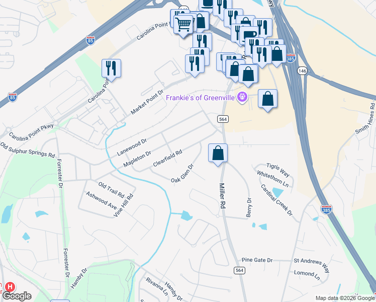 map of restaurants, bars, coffee shops, grocery stores, and more near 15 Clearfield Road in Greenville