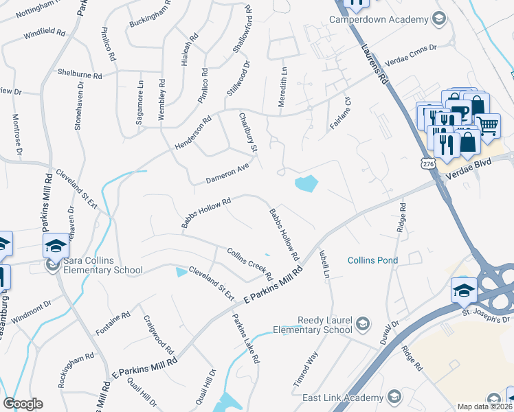 map of restaurants, bars, coffee shops, grocery stores, and more near 126 Babbs Hollow Road in Greenville