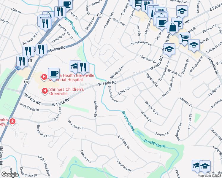 map of restaurants, bars, coffee shops, grocery stores, and more near 8 Brookview Circle in Greenville