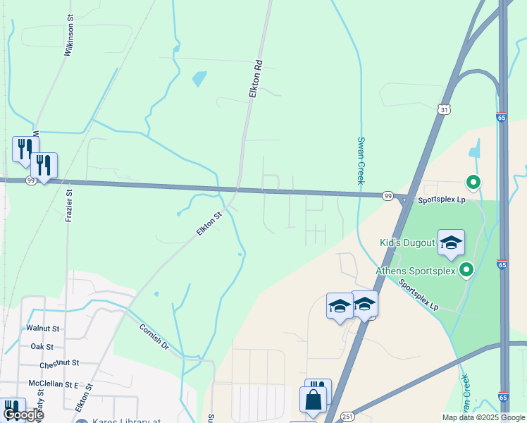 map of restaurants, bars, coffee shops, grocery stores, and more near 1001 Garrett Drive in Athens