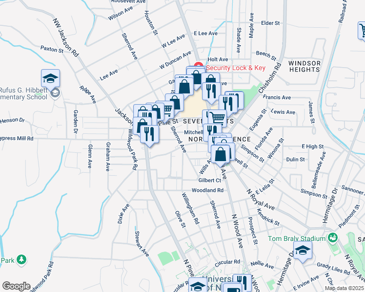 map of restaurants, bars, coffee shops, grocery stores, and more near 1201 Sherrod Avenue in Florence