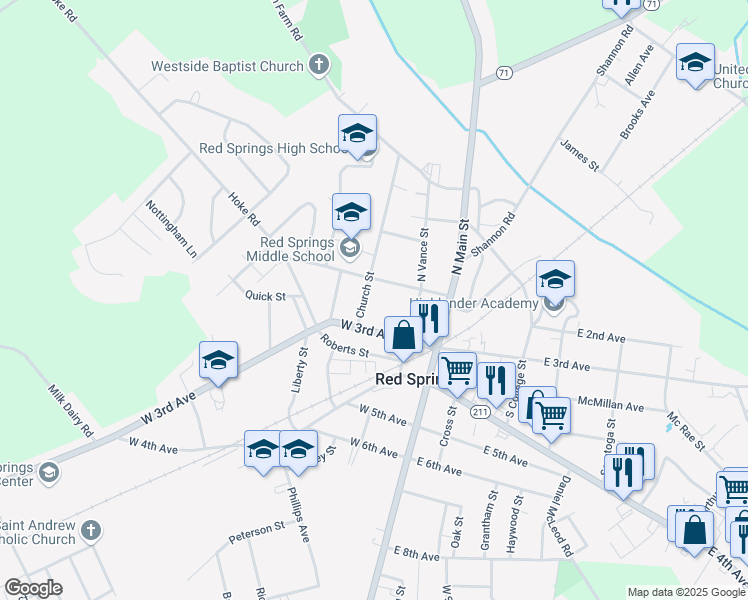map of restaurants, bars, coffee shops, grocery stores, and more near 112 Church Street in Red Springs