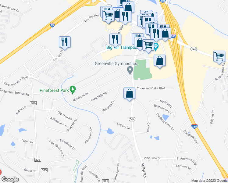 map of restaurants, bars, coffee shops, grocery stores, and more near 15 Clearfield Road in Greenville