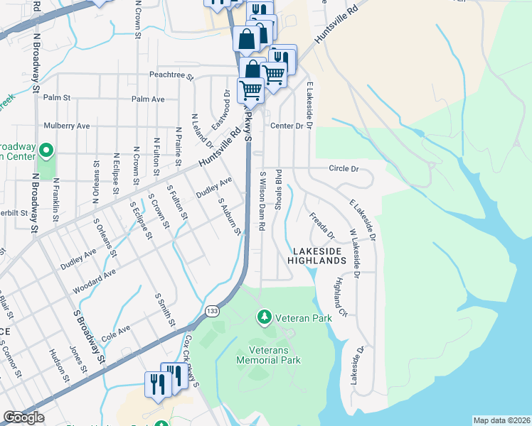 map of restaurants, bars, coffee shops, grocery stores, and more near 301-319 South Wilson Dam Road in Florence