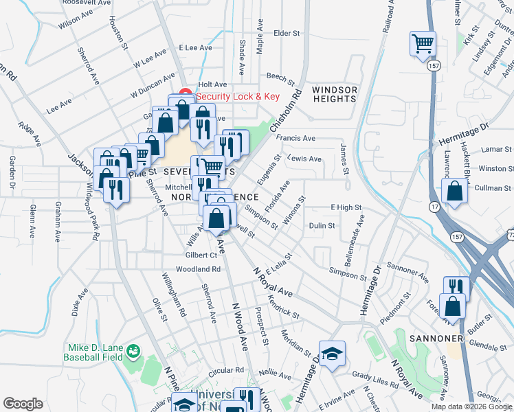 map of restaurants, bars, coffee shops, grocery stores, and more near 315 Simpson Street in Florence