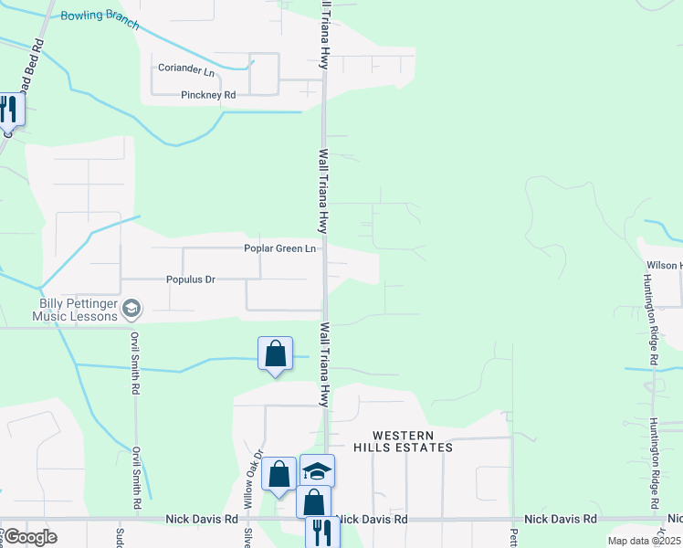 map of restaurants, bars, coffee shops, grocery stores, and more near 7903 Wall Triana Highway in Harvest