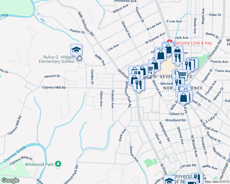 map of restaurants, bars, coffee shops, grocery stores, and more near 431 Cypress Mill Road in Florence