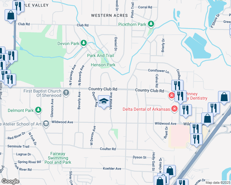 map of restaurants, bars, coffee shops, grocery stores, and more near 1007 Country Club Road in Sherwood
