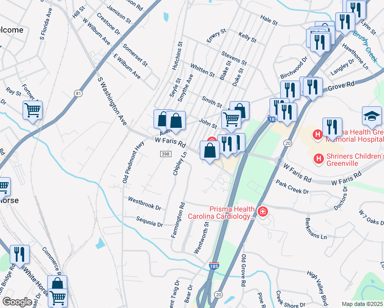 map of restaurants, bars, coffee shops, grocery stores, and more near 1309 West Faris Road in Greenville