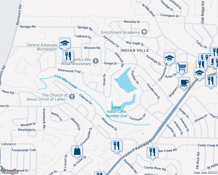 map of restaurants, bars, coffee shops, grocery stores, and more near 6808 Incas Drive in North Little Rock