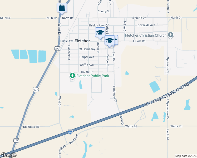 map of restaurants, bars, coffee shops, grocery stores, and more near 203 Park View in Fletcher
