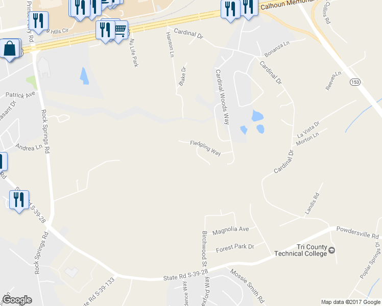 map of restaurants, bars, coffee shops, grocery stores, and more near 110 Wood Hopper Court in Easley