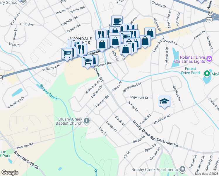 map of restaurants, bars, coffee shops, grocery stores, and more near 103 Nancy Drive in Easley
