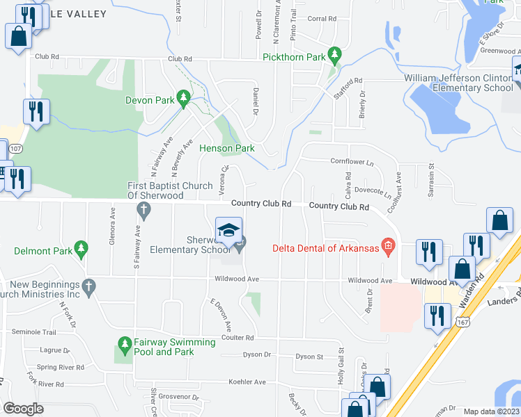 map of restaurants, bars, coffee shops, grocery stores, and more near 1007 Country Club Road in Sherwood