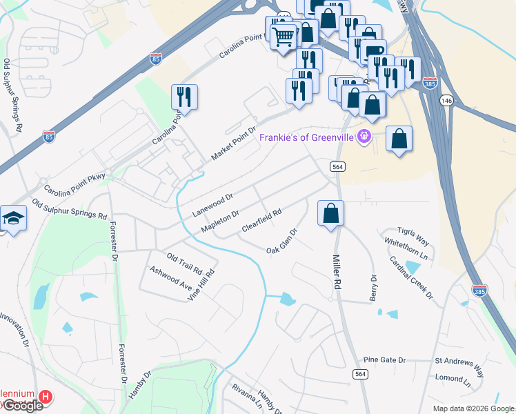 map of restaurants, bars, coffee shops, grocery stores, and more near 28 Clearfield Road in Greenville