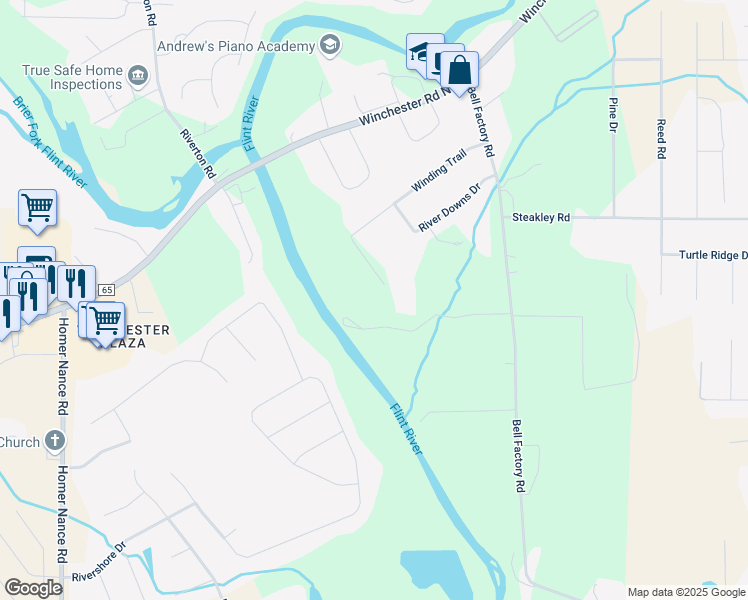 map of restaurants, bars, coffee shops, grocery stores, and more near 169 Winding Trail in Huntsville