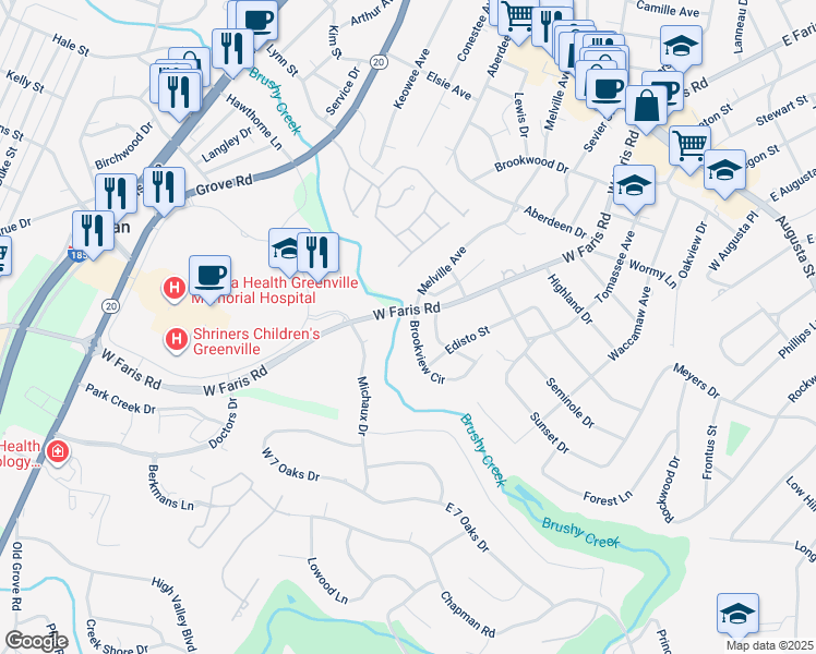map of restaurants, bars, coffee shops, grocery stores, and more near 8 Brookview Circle in Greenville