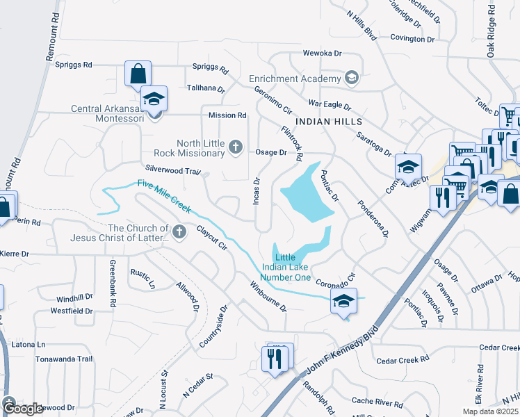 map of restaurants, bars, coffee shops, grocery stores, and more near 6808 Incas Drive in North Little Rock