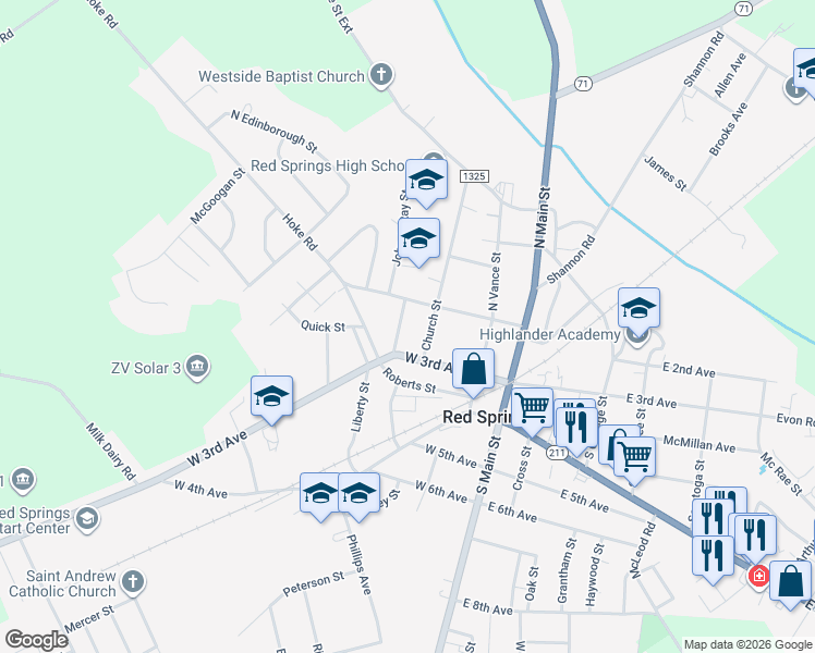 map of restaurants, bars, coffee shops, grocery stores, and more near 112 Coppedge St in Red Springs