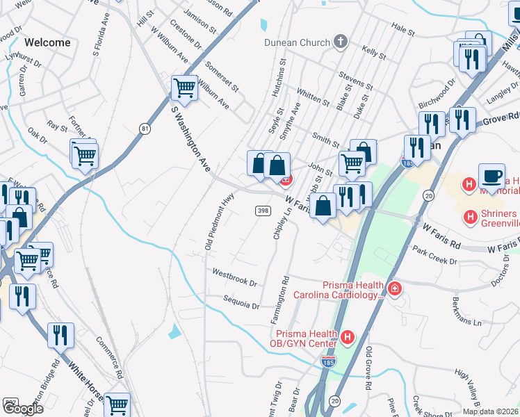 map of restaurants, bars, coffee shops, grocery stores, and more near 10 Dempsey Street in Greenville