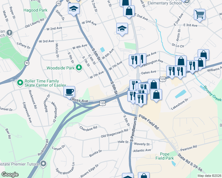 map of restaurants, bars, coffee shops, grocery stores, and more near 1002 South 5th Street in Easley