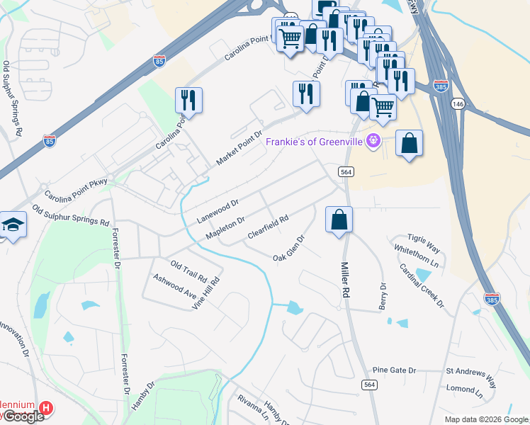 map of restaurants, bars, coffee shops, grocery stores, and more near 28 Clearfield Road in Greenville