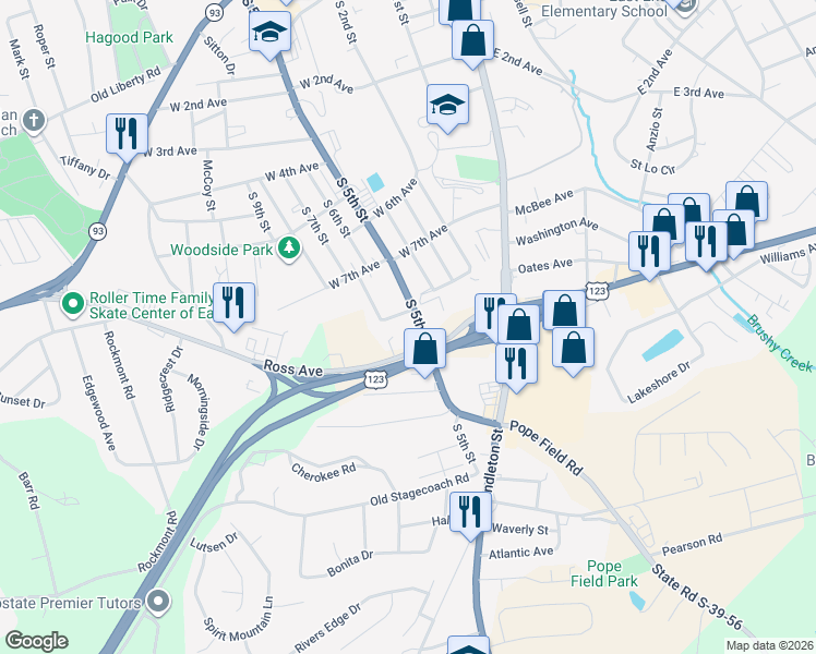 map of restaurants, bars, coffee shops, grocery stores, and more near 1002 South 5th Street in Easley