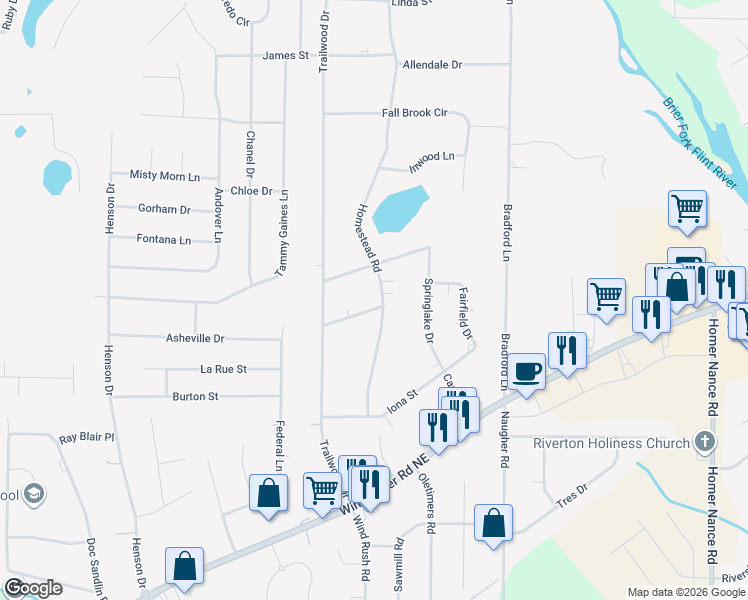 map of restaurants, bars, coffee shops, grocery stores, and more near 6201 Homestead Road in Huntsville
