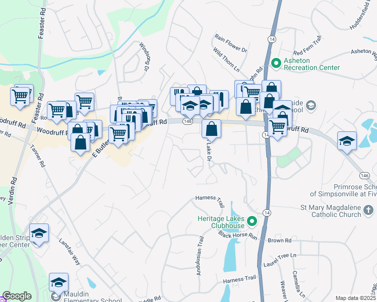 map of restaurants, bars, coffee shops, grocery stores, and more near 16 Sadler Way in Greenville