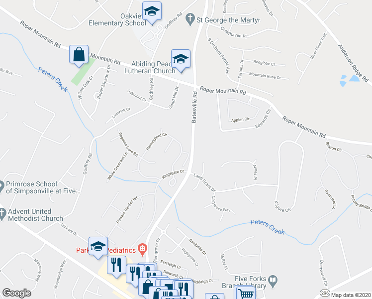 map of restaurants, bars, coffee shops, grocery stores, and more near 12 Hemingford Circle in Simpsonville
