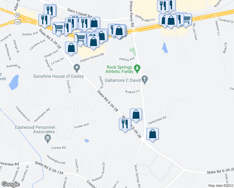 map of restaurants, bars, coffee shops, grocery stores, and more near 119 Andrea Circle in Easley