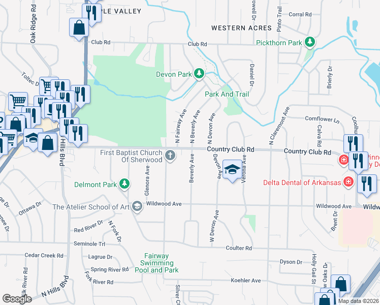 map of restaurants, bars, coffee shops, grocery stores, and more near 711 Country Club Road in Sherwood