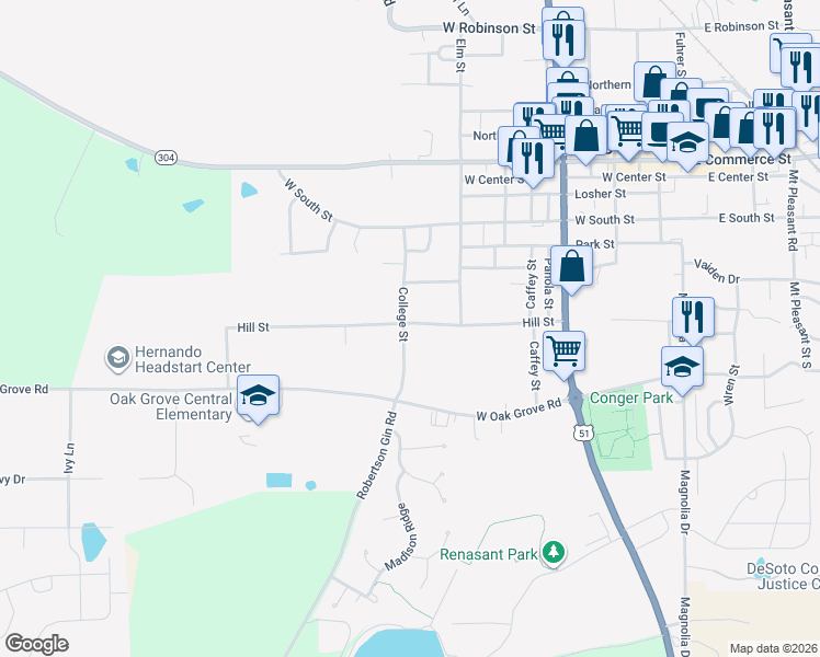 map of restaurants, bars, coffee shops, grocery stores, and more near 2894 College Street in Hernando