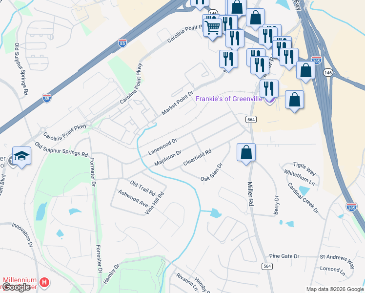 map of restaurants, bars, coffee shops, grocery stores, and more near 410 Mapleton Drive in Greenville