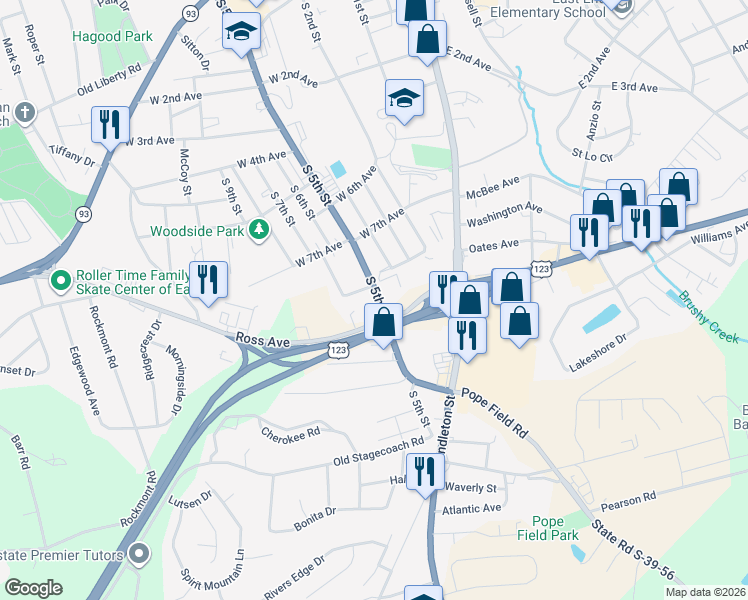 map of restaurants, bars, coffee shops, grocery stores, and more near 1002 South 5th Street in Easley
