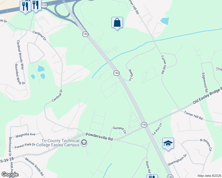 map of restaurants, bars, coffee shops, grocery stores, and more near 933 Cardinal Drive in Easley