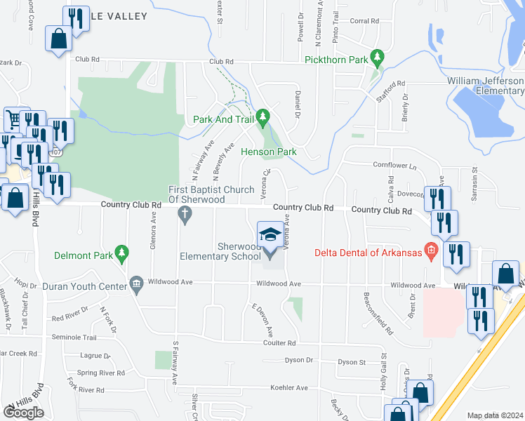 map of restaurants, bars, coffee shops, grocery stores, and more near 909 Country Club Road in Sherwood