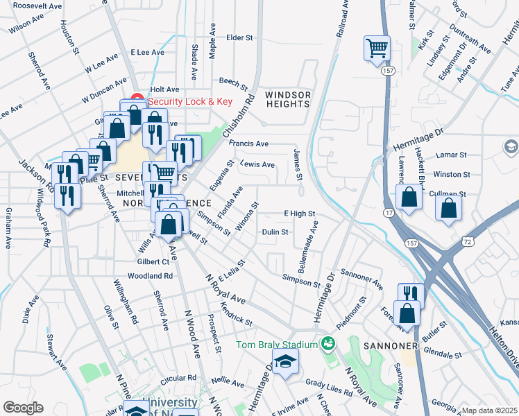 map of restaurants, bars, coffee shops, grocery stores, and more near 526 East Lelia Street in Florence