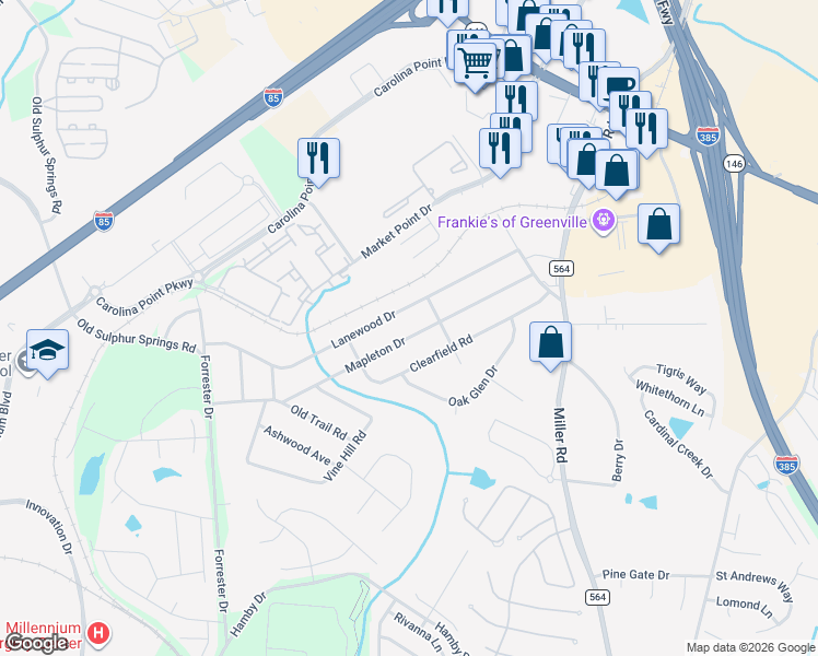 map of restaurants, bars, coffee shops, grocery stores, and more near 410 Mapleton Drive in Greenville