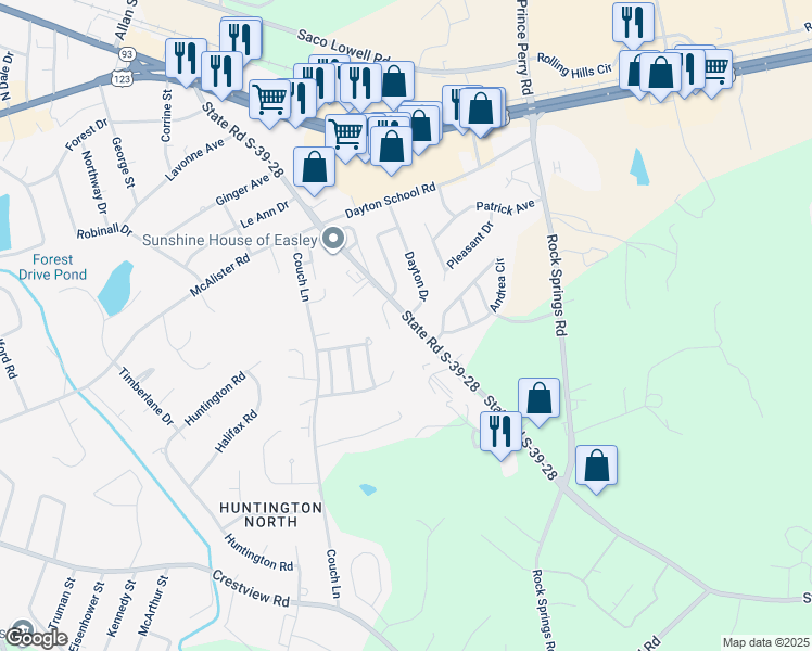 map of restaurants, bars, coffee shops, grocery stores, and more near 806 Powdersville Road in Easley