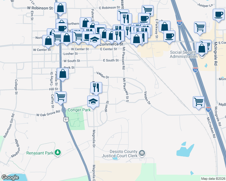 map of restaurants, bars, coffee shops, grocery stores, and more near 389 Labauve Street in Hernando
