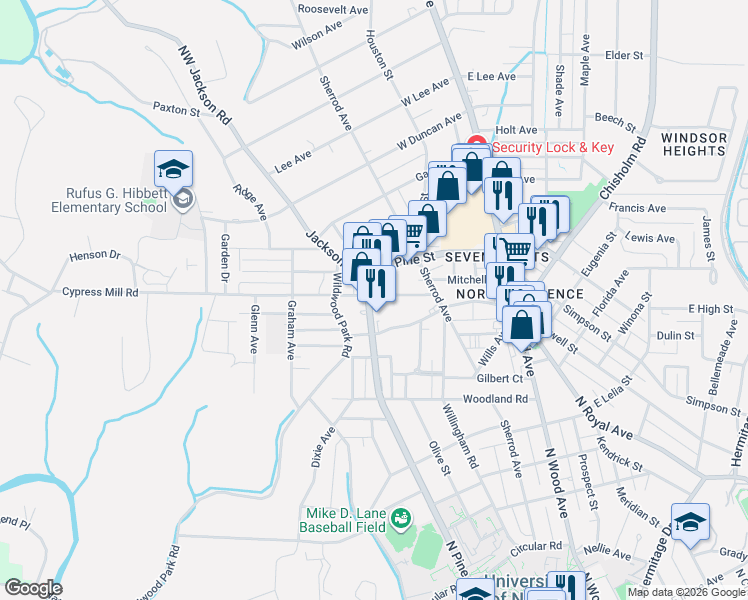 map of restaurants, bars, coffee shops, grocery stores, and more near 1200-1298 N Pine St in Florence