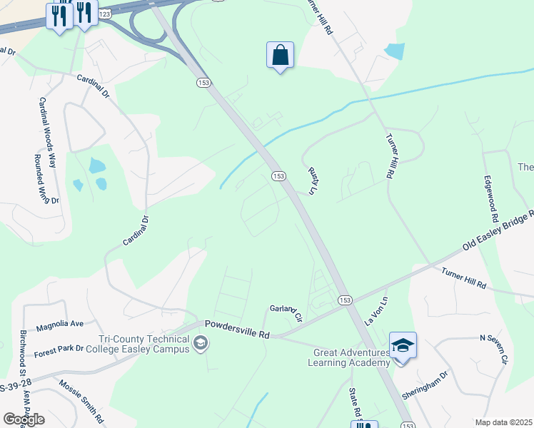 map of restaurants, bars, coffee shops, grocery stores, and more near 933 Cardinal Drive in Easley