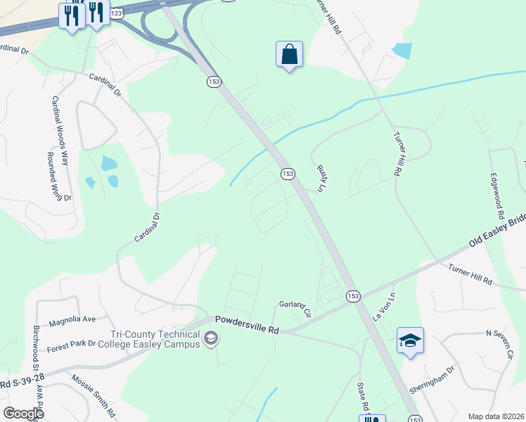 map of restaurants, bars, coffee shops, grocery stores, and more near 933 Cardinal Drive in Easley